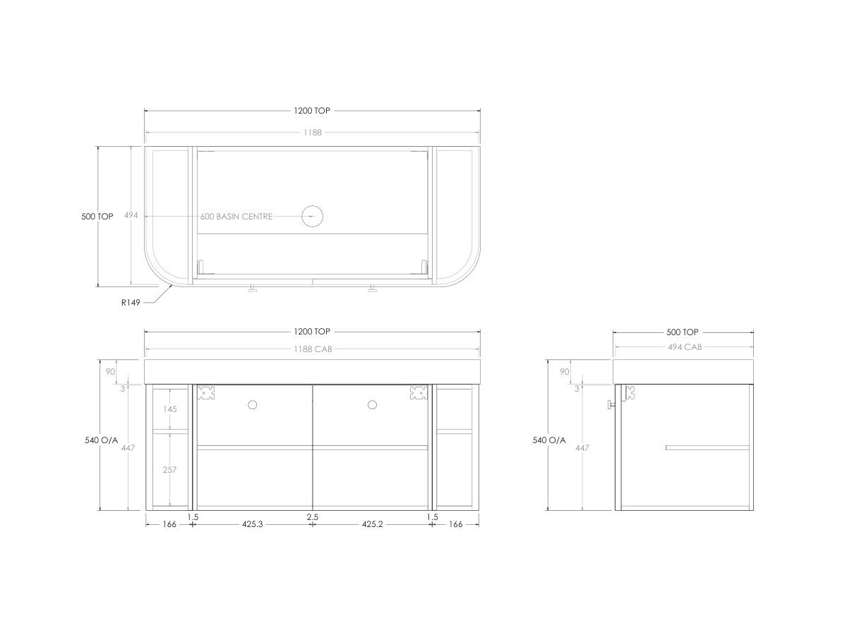 Technical Drawing - Kado Era Double Curve All Door 1200mm Wall Hung Vanity Centre Basin 90mm Durasein Top