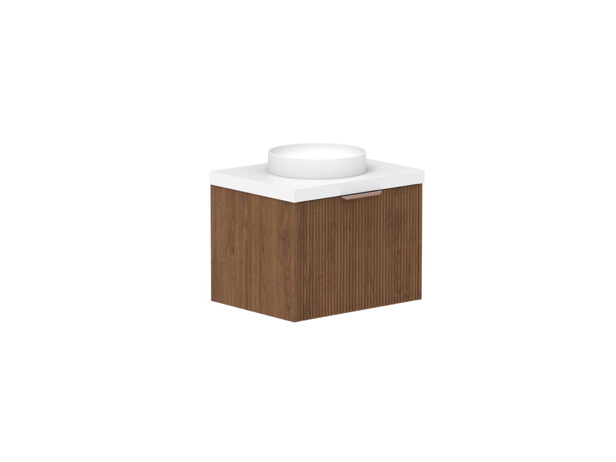 Hero - Kado Neue Fluted Square All Drawer 600mm Wall Hung Vanity with Centre Basin 50mm Top Florentine Walnut