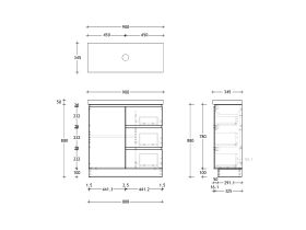Technical Drawing - Posh Domaine 900mm Ensuite Floor Mount Vanity Unit 50mm Top