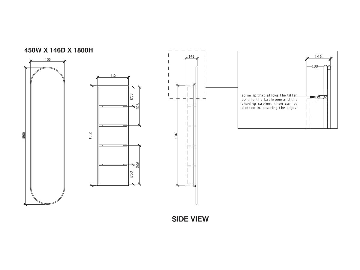 ISSY Blossom 450 x 1800 Recessed Shaving Cabinet
