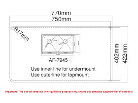 Cut Out Template - AFA Exact Double Bowl Inset/Undermount Sink No Taphole 792mm Stainless Steel