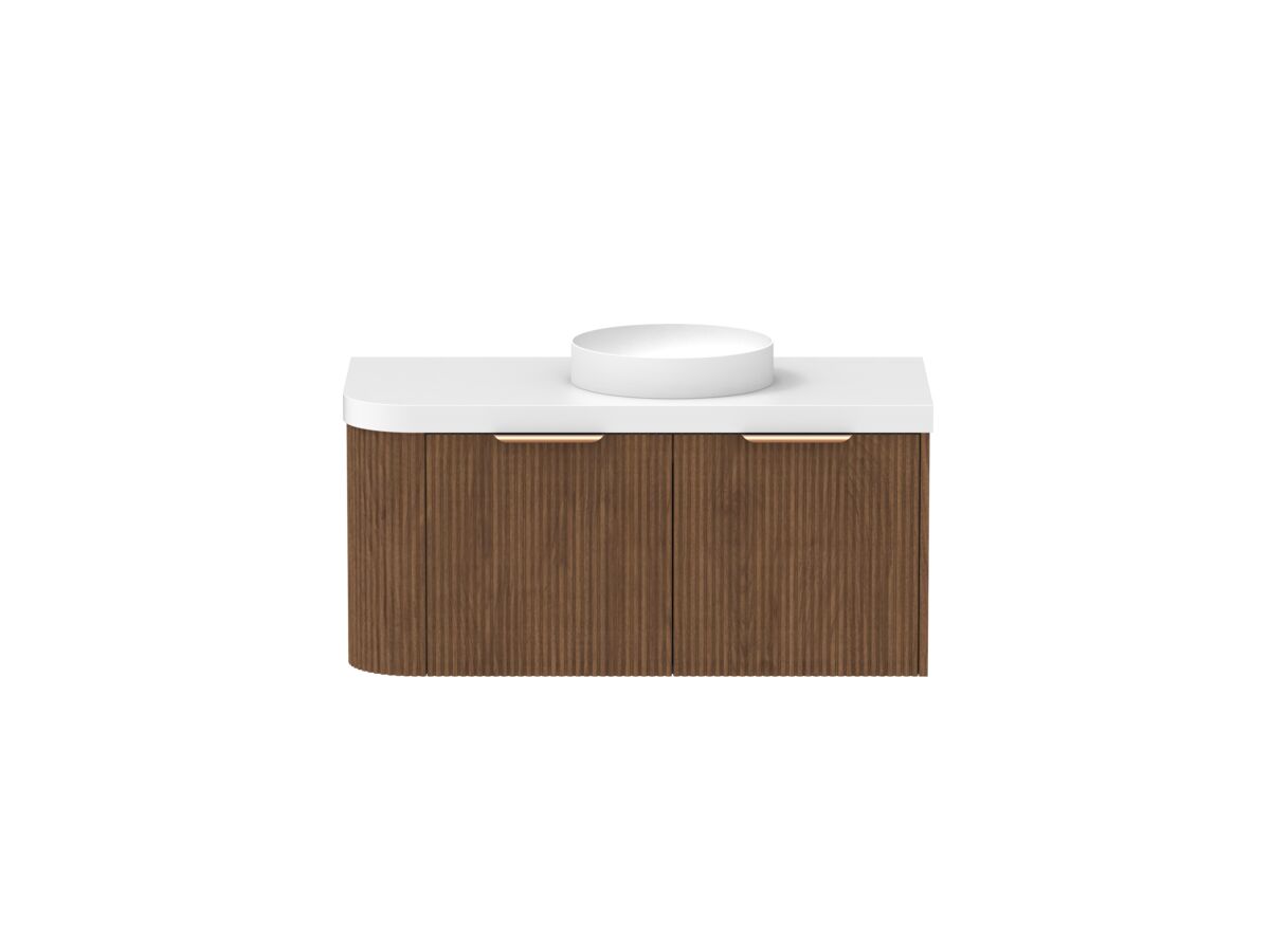 Supporting Image - Kado Neue Fluted Single Curve All Drawer 1050mm Wall Hung Vanity with Centre Basin Durasein 50mm Top Florentine Walnut