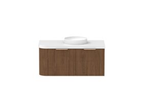 Supporting Image - Kado Neue Fluted Single Curve All Drawer 1050mm Wall Hung Vanity with Centre Basin Durasein 50mm Top Florentine Walnut