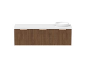 Supporting Image - Kado Neue Fluted Square All Drawer 1500mm Wall Hung Vanity with Right Hand Basin 50mm Top Florentine Walnut
