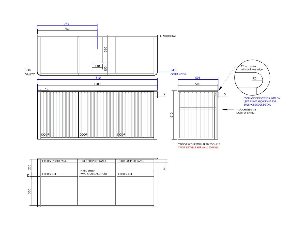 ISSY Cloud I 1500mm x 500mm x 610mm Wall Hung Vanity Unit 3 Touch Latch Doors Semi Inset (No Basin)