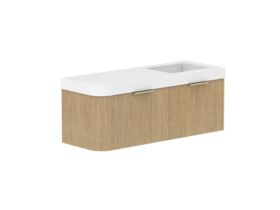 Supporting Image 2- Kado Neue Fluted Single Curve All Drawer 1350mm Wall Hung Vanity with Right Hand Basin Durasein 90mm Top Boston Oak