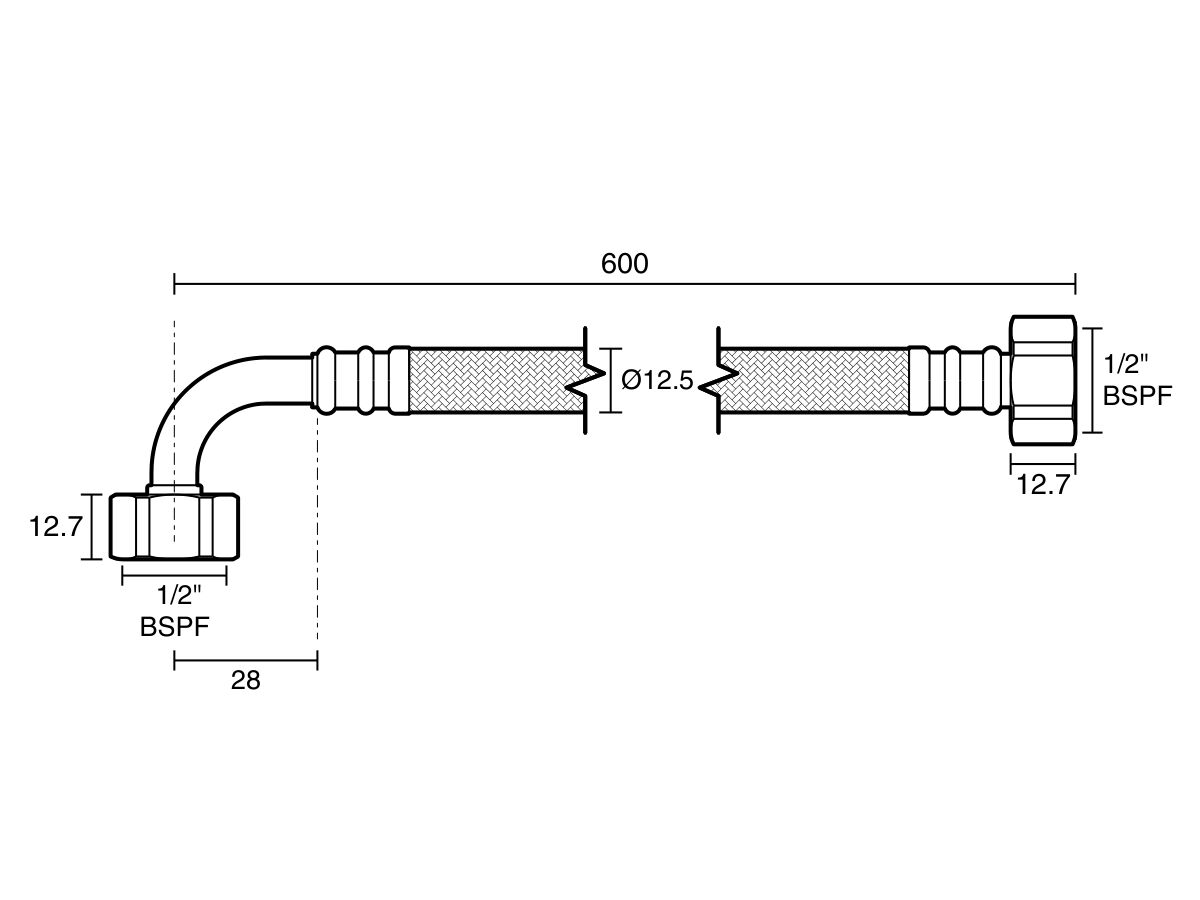 Technical Drawing - Dura Pex Flexible Hose Connector Water with Elbow 600mm Nylon Low-Temp Lead Free