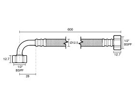 Technical Drawing - Dura Pex Flexible Hose Connector Water with Elbow 600mm Nylon Low-Temp Lead Free