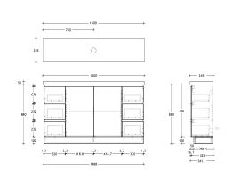 Technical Drawing - Posh Domaine 1500mm Ensuite Floor Mount Vanity Unit Single Bowl 50mm Top