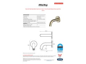 Specification Sheet - Mizu Drift Wall Basin/Bath Outlet Curve Spout 110mm Brushed Brass (6 Star) Lead Free