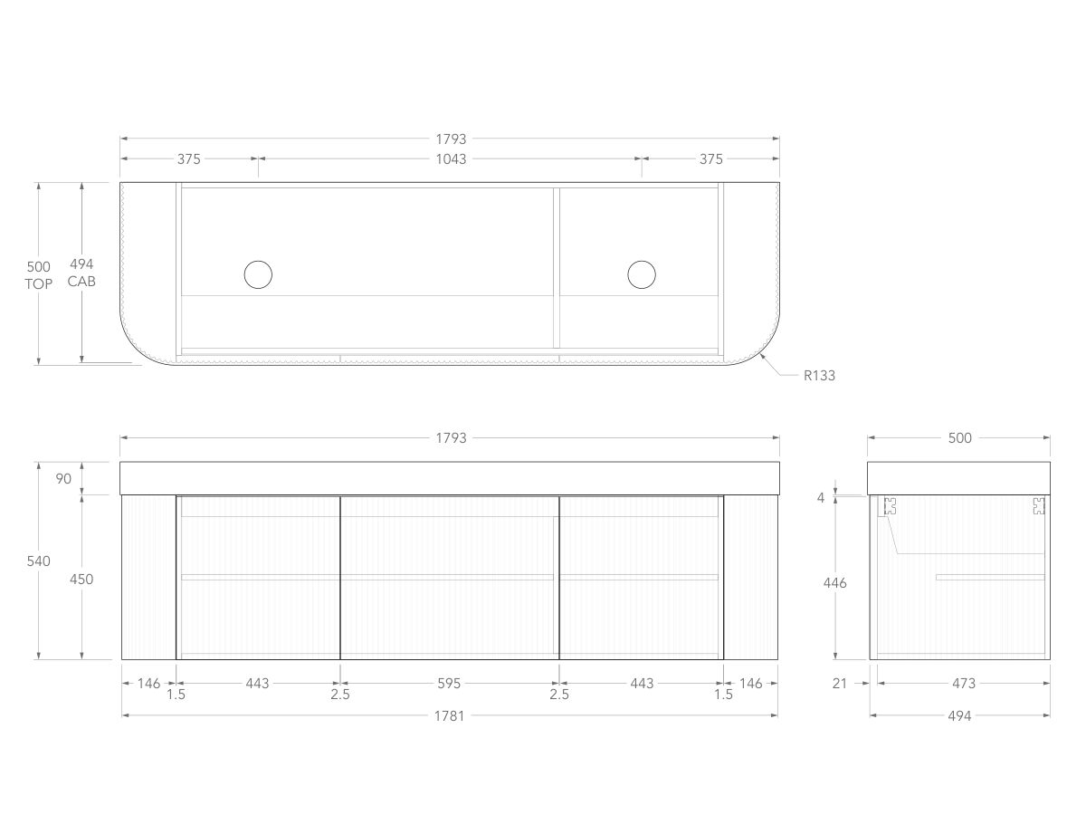 Technical Drawing - Kado Neue Fluted Double Curve All Door 1800mm Wall Hung Vanity with Double Basin Durasein 90mm Top