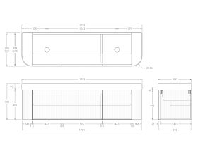 Technical Drawing - Kado Neue Fluted Double Curve All Door 1800mm Wall Hung Vanity with Double Basin Durasein 90mm Top