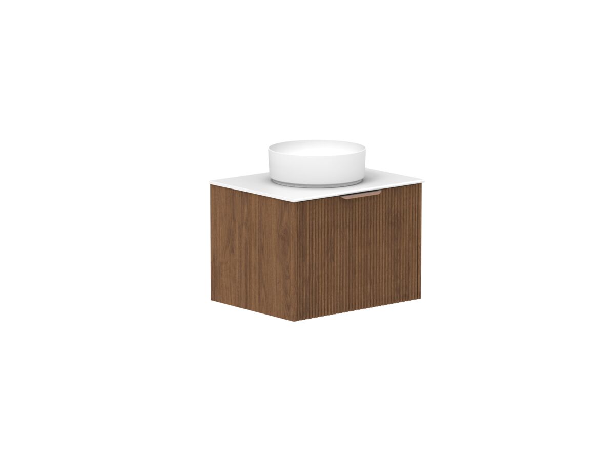 Hero - Kado Neue Fluted Square All Drawer 600mm Wall Hung Vanity with Centre Basin Durasein 12mm Top Florentine Walnut
