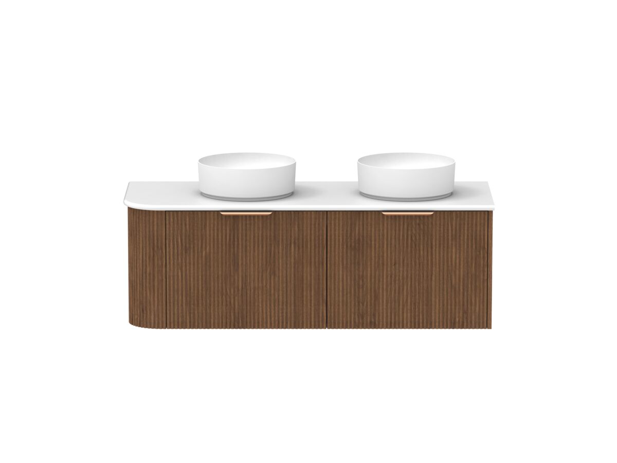 Supporting Image - Kado Neue Fluted Single Curve All Drawer 1350mm Wall Hung Vanity with Double Basin 20mm Top Florentine Walnut