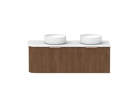 Supporting Image - Kado Neue Fluted Single Curve All Drawer 1350mm Wall Hung Vanity with Double Basin 20mm Top Florentine Walnut
