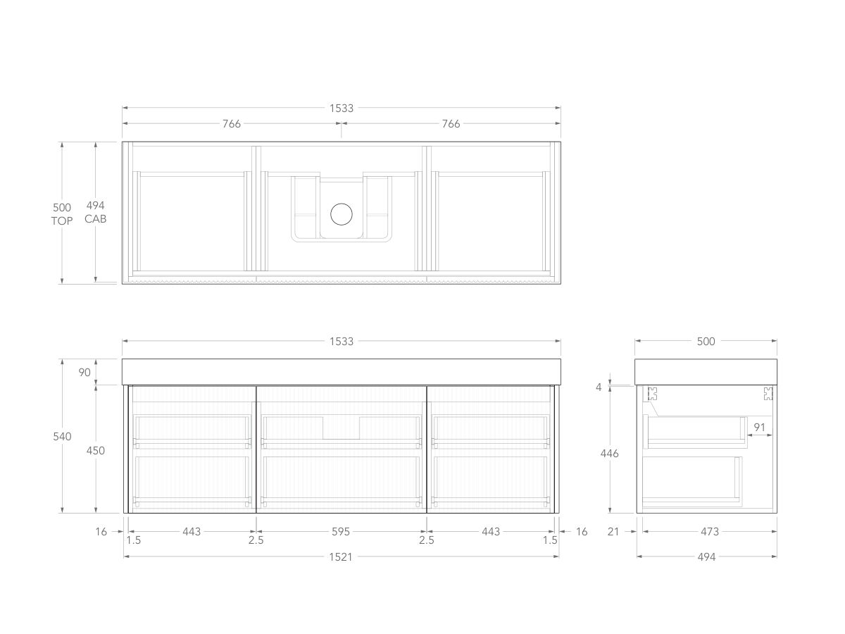 Technical Drawing - Kado Neue Fluted Square All Drawer 1500mm Wall Hung Vanity with Centre Basin 90mm Top