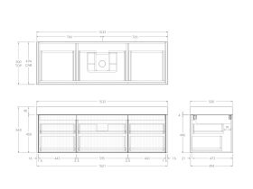 Technical Drawing - Kado Neue Fluted Square All Drawer 1500mm Wall Hung Vanity with Centre Basin 90mm Top