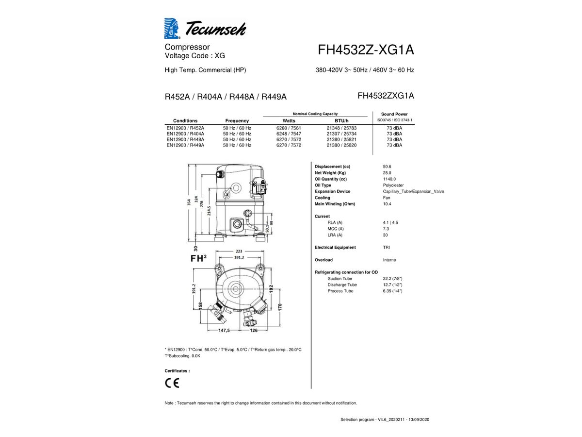 TECUMSEH COMPRESSOR 2.5HP R404 MHBP FH4532Z-XG