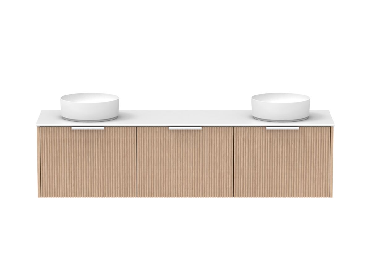 Supporting Image - Kado Neue Fluted Square All Drawer 1800mm Wall Hung Vanity with Double Basin Durasein 12mm Top Blonde Oak