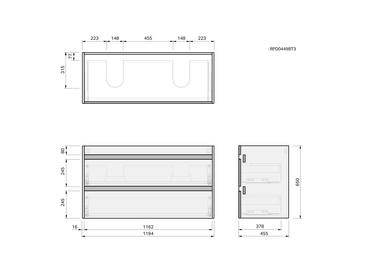 Technical Drawing - Posh Domaine Twin 1200 Double Bowl Wall Hung Cherry Pie