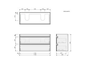Technical Drawing - Posh Domaine Twin 1200 Double Bowl Wall Hung Cherry Pie