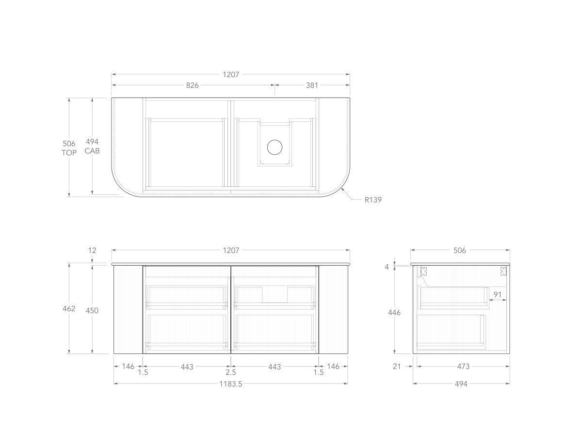Technical Drawing - Kado Neue Fluted Double Curve All Drawer 1200 Wall Hung Vanity with Right Hand Basin Durasein 12mm Top