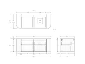 Technical Drawing - Kado Neue Fluted Double Curve All Drawer 1200 Wall Hung Vanity with Right Hand Basin Durasein 12mm Top
