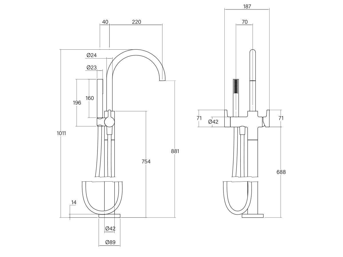 Technical Drawing - Faucet Strommen Vara Fin Floor Mounted Bath Mixer with Handshower (3 Star)