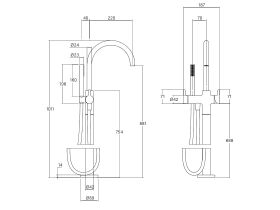 Technical Drawing - Faucet Strommen Vara Fin Floor Mounted Bath Mixer with Handshower (3 Star)