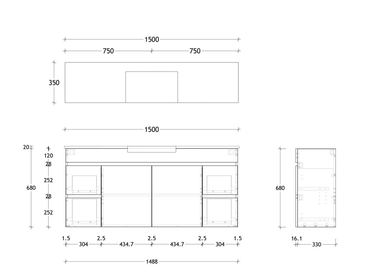 Technical Drawing - Posh Domaine Semi-Recessed 1500mm Wall Hung Vanity Centre Basin 20mm Top
