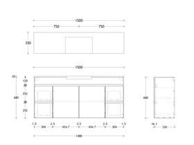 Technical Drawing - Posh Domaine Semi-Recessed 1500mm Wall Hung Vanity Centre Basin 20mm Top
