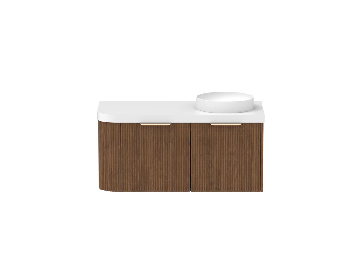 Supporting Image - Kado Neue Fluted Single Curve All Drawer 1050mm Wall Hung Vanity with Right Hand Basin Durasein 50mm Top Florentine Walnut