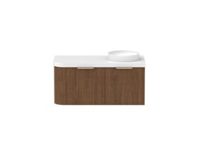 Supporting Image - Kado Neue Fluted Single Curve All Drawer 1050mm Wall Hung Vanity with Right Hand Basin Durasein 50mm Top Florentine Walnut