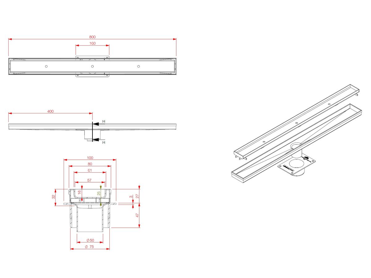 Tile Insert Stainless Steel Shower Channel Kit 800mm