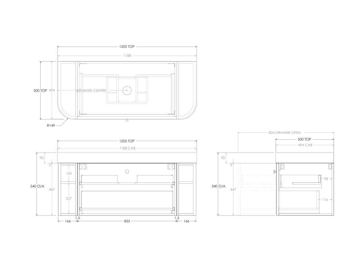 Technical Drawing - Kado Era Double Curve All Drawer 1200mm Wall Hung Vanity Centre Basin 90mm Durasein Top