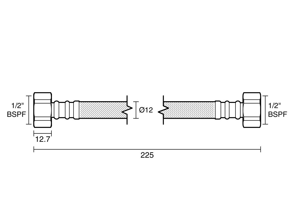 Technical Drawing - Dura Pex Flexible Hose Connector Water 225mm Stainless Steel Low-Temp Lead Free