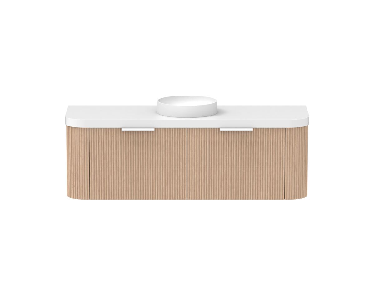 Supporting Image - Kado Neue Fluted Double Curve All Drawer 1500mm Wall Hung Vanity with Centre Basin Durasein 50mm Top Blonde Oak
