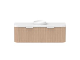 Supporting Image - Kado Neue Fluted Double Curve All Drawer 1500mm Wall Hung Vanity with Centre Basin Durasein 50mm Top Blonde Oak