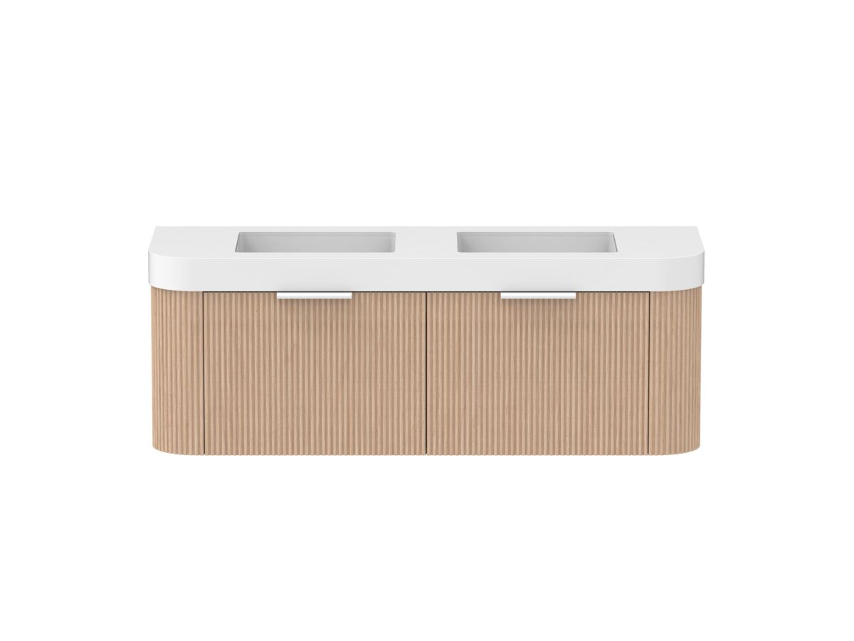 Supporting Image - Kado Neue Fluted Double Curve All Drawer 1500mm Wall Hung Vanity with Double Basin Durasein 90mm Top Blonde Oak