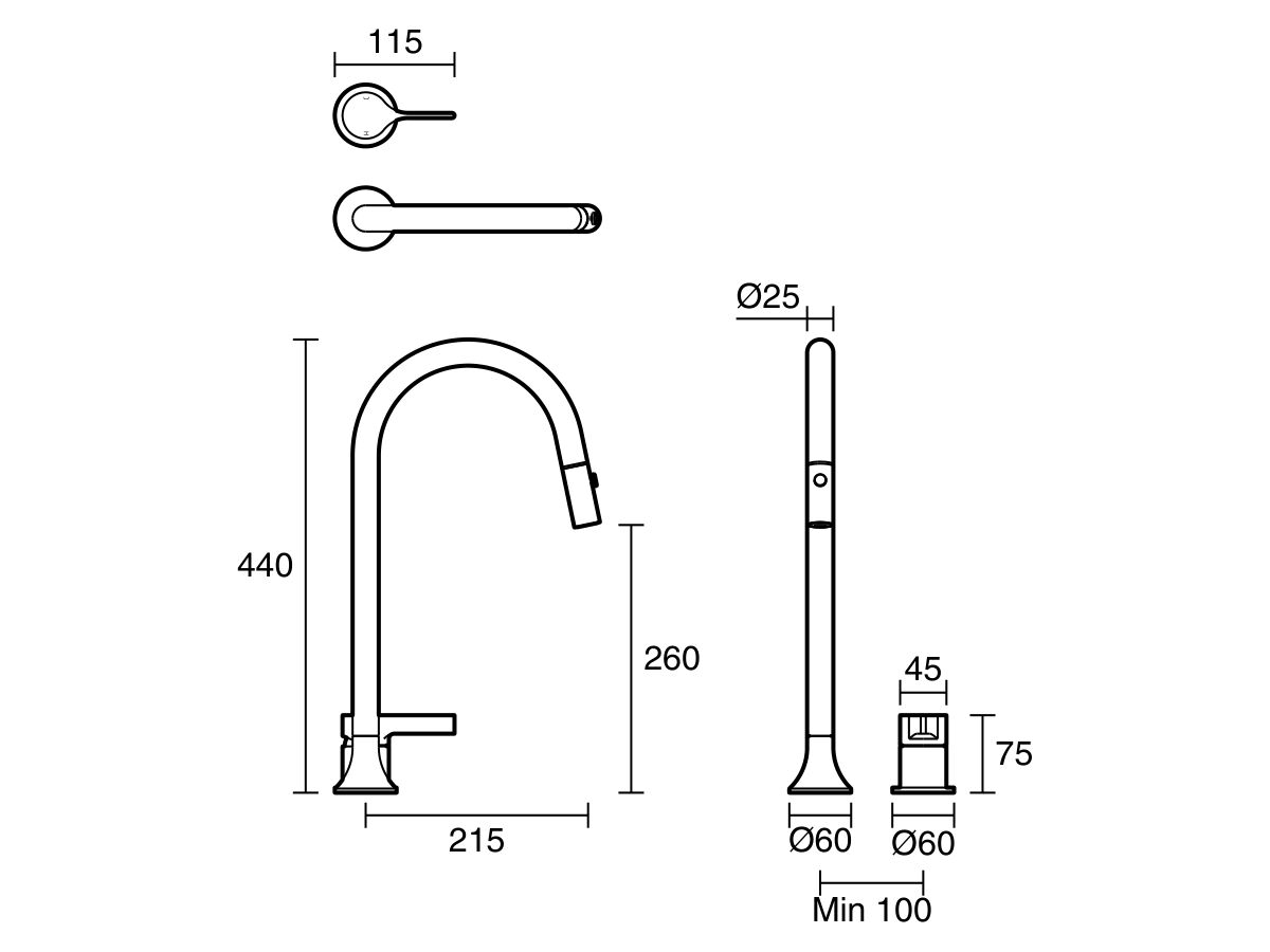 Technical Drawing - Milli Oria Sink Hob Mixer Set Pull Out Spray Lead Free