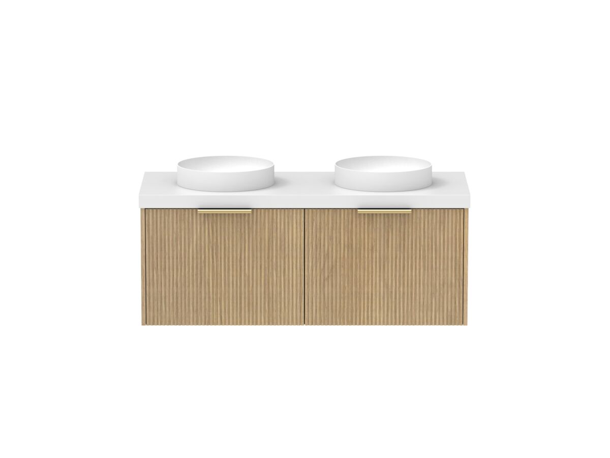 Supporting Image - Kado Neue Fluted Square 1200mm Wall Hung Vanity with Double Basin 50mm Top Boston Oak