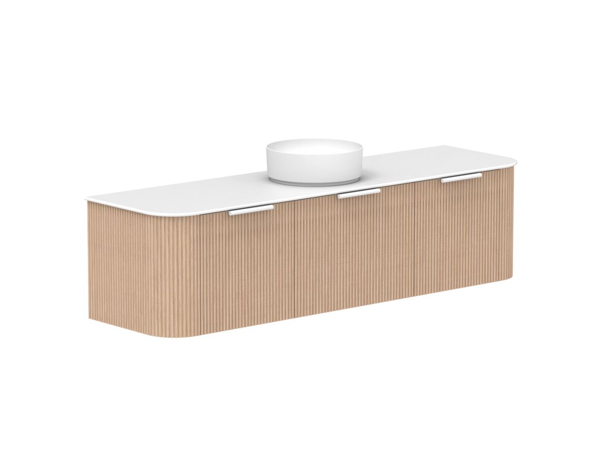 Supporting Image 2- Kado Neue Fluted Double Curve All Drawer 1800 Wall Hung Vanity with Centre Basin Durasein 12mm Top Blonde Oak