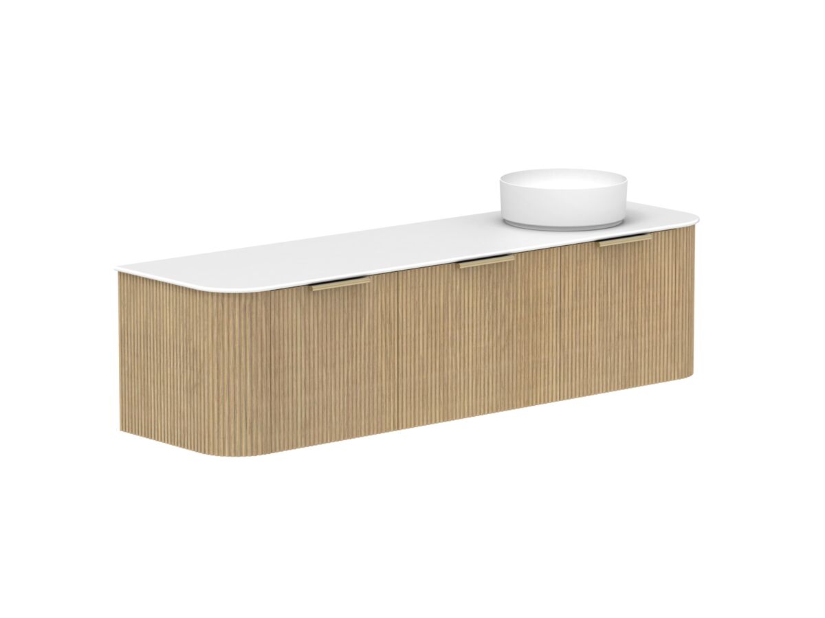 Supporting Image 2- Kado Neue Fluted Double Curve All Drawer 1800 Wall Hung Vanity with Right Hand Basin Durasein 12mm Top Boston Oak