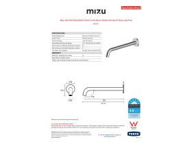 Specification Sheet - Mizu Drift Wall Basin/Bath Outlet Curve Spout 300mm Chrome (6 Star) Lead Free