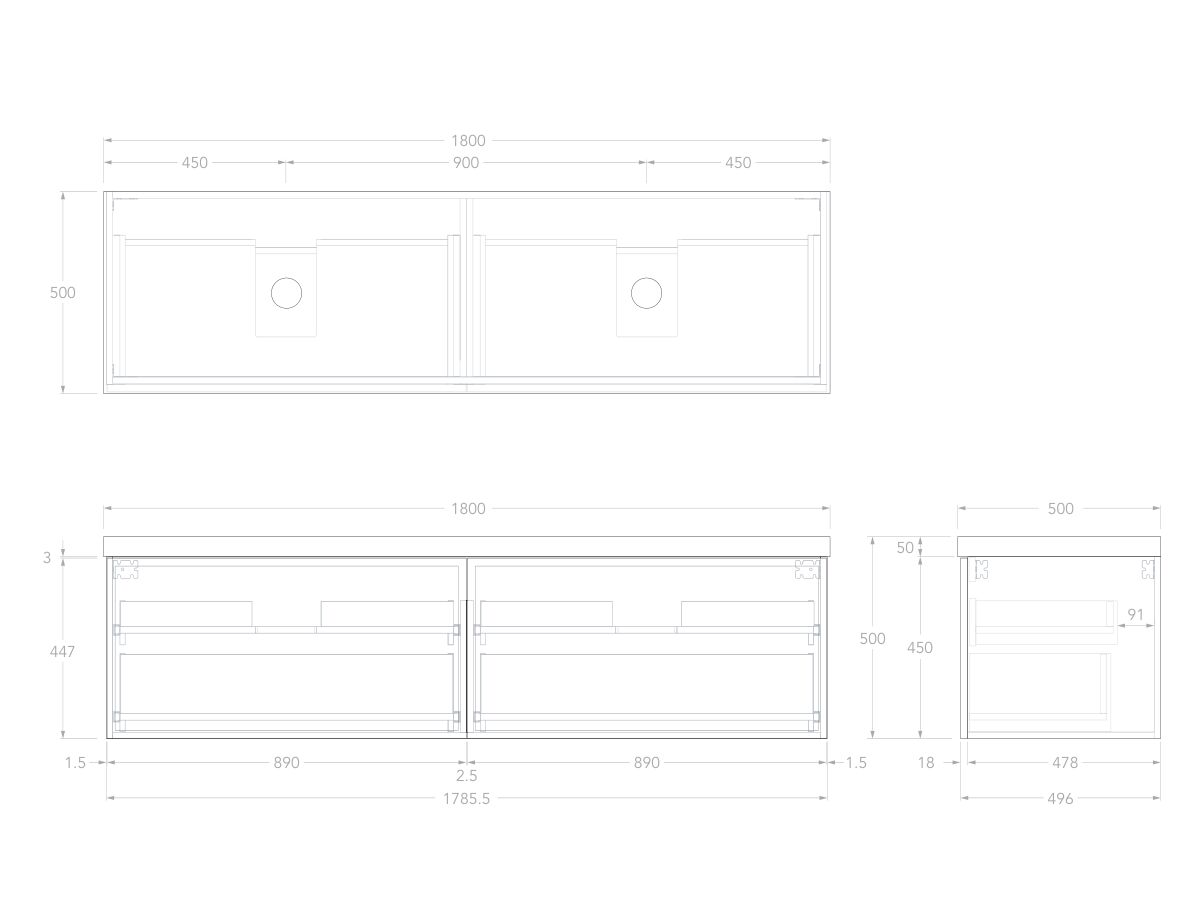 Technical Drawing - Kado Lux Slim All Drawer 1800mm Wall Hung Vanity with Double Basin 50mm Top