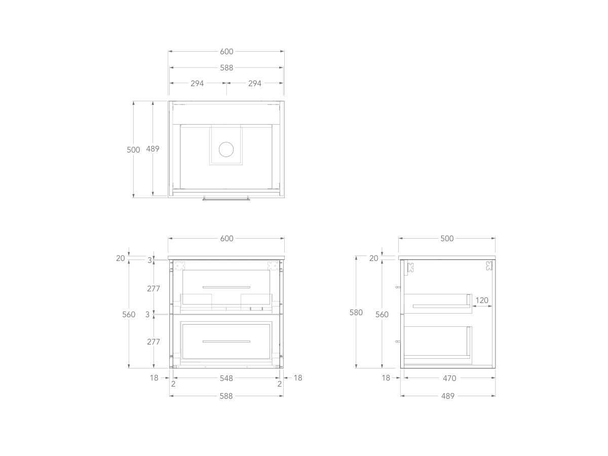 Kado Lux Wall Hung 600mm 2 Drawer Single Centre Vanity (No Basin)