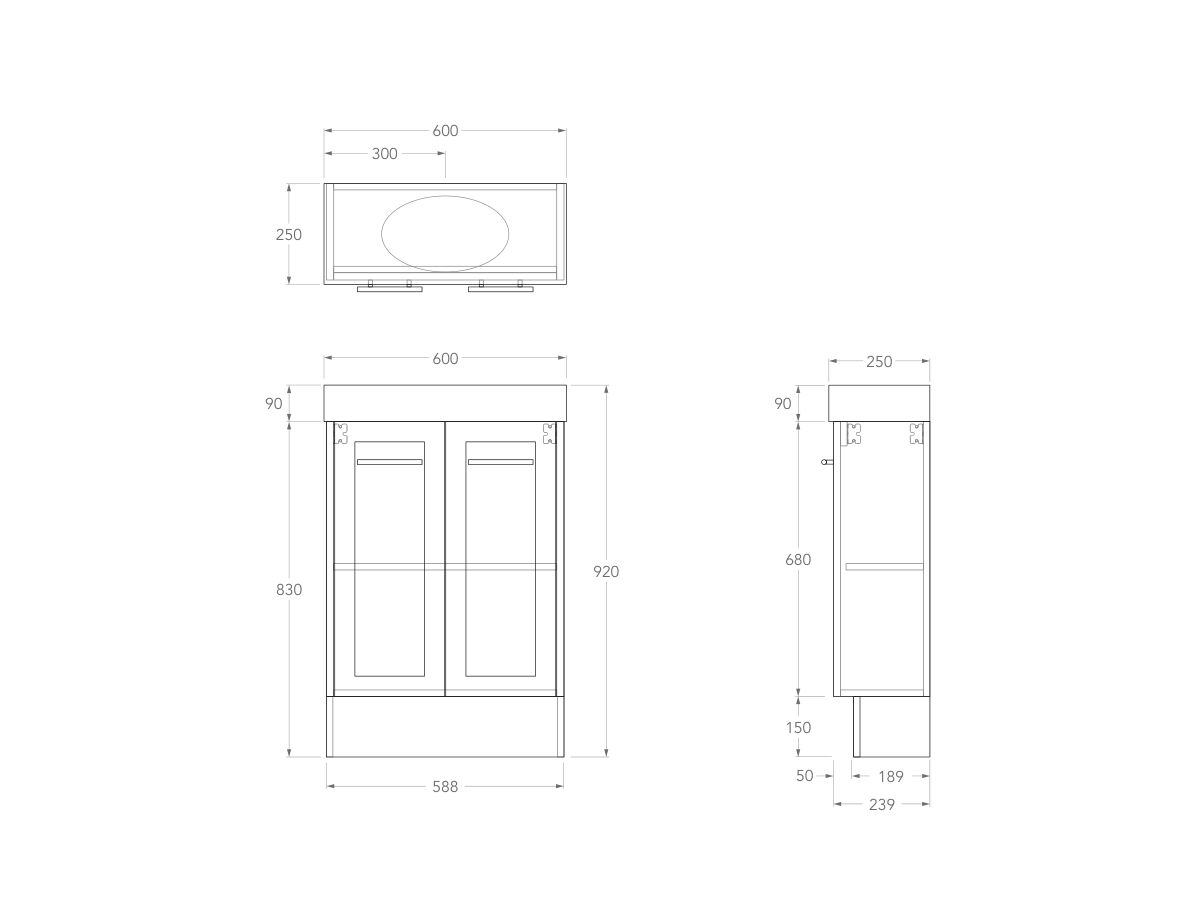 Kado Lux Petite Vanity Unit Floor Mount 600 Centre Bowl Statement Top (Basin Included)