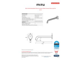 Specification Sheet - Mizu Drift Wall Basin/Bath Outlet Curve Spout 250mm Chrome (6 Star) Lead Free