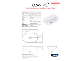 Specification Sheet - Omvivo Venice 600mm Semi Inset Basin Solid Surface White