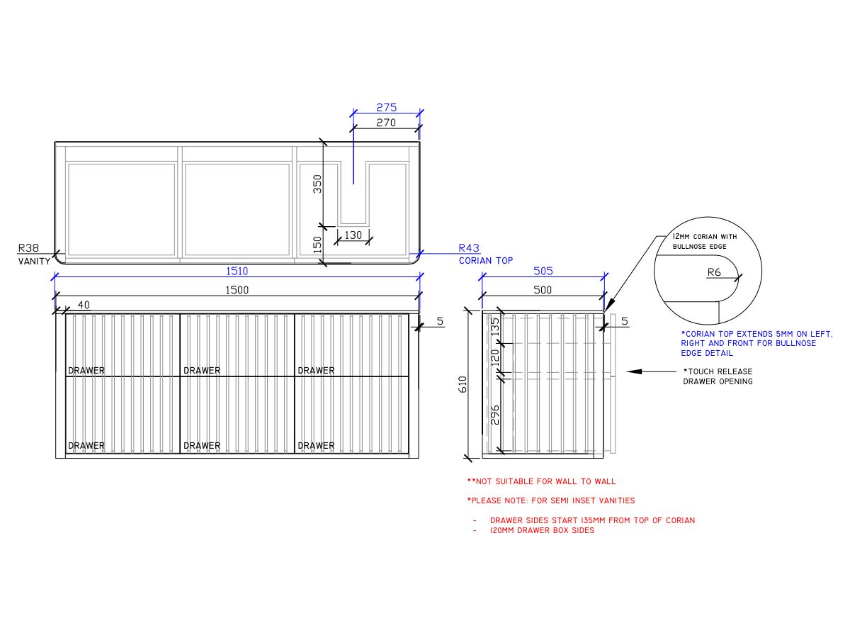 ISSY Cloud II 1500mm x 500mm x 610mm Wall Hung Vanity Unit 6 Touch Latch Drawers Semi Inset (No Basin)